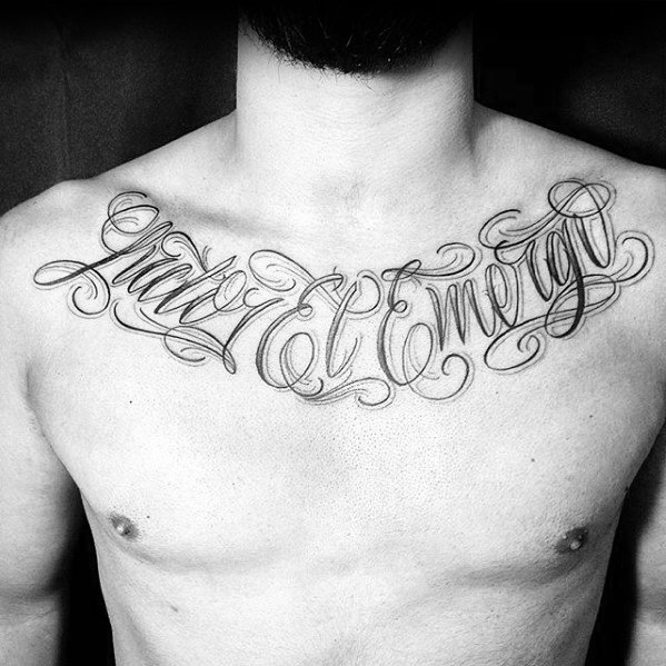 Chest Ornate Script Latin Tattoo Ideas For Males