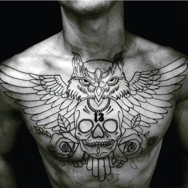 Chest Owl With Skull And Roses Male Tattoo Design Inspiration