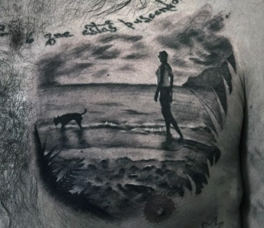 Chest Palm Trees Tattoo With Beach For Males