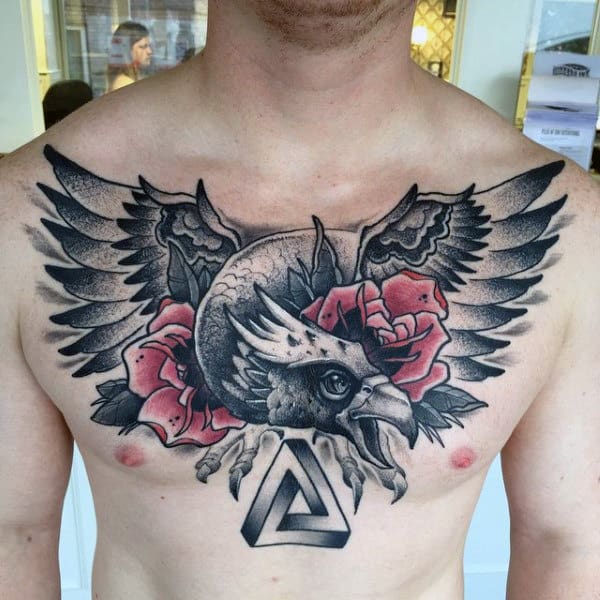 Chest Rose Flower Eagle Mens Tattoos