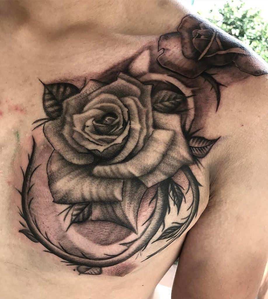 Black and grey rose vine tattoo on a chest, featuring detailed shading and realistic petals intertwined with sharp thorns and leaves
