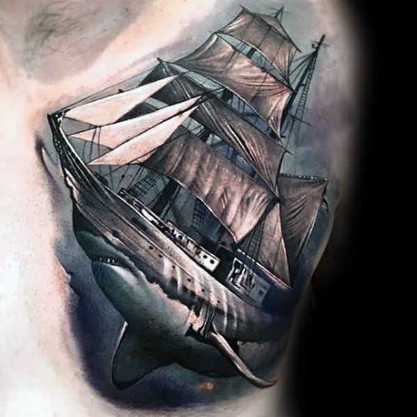 Chest Shark With Ship Morph Tattoos Men