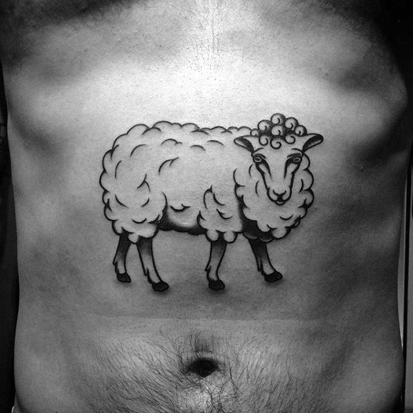 A black and white tattoo of a sheep on a person's abdomen