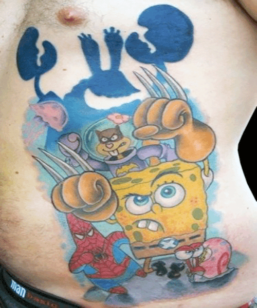 Action-packed SpongeBob tattoo on torso featuring superhero versions of SpongeBob, Sandy, Patrick, and Gary with bold colors and comic flair.