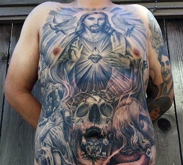 Chest Stomach Mens Christian Tattoo Of Jesus And Skulls