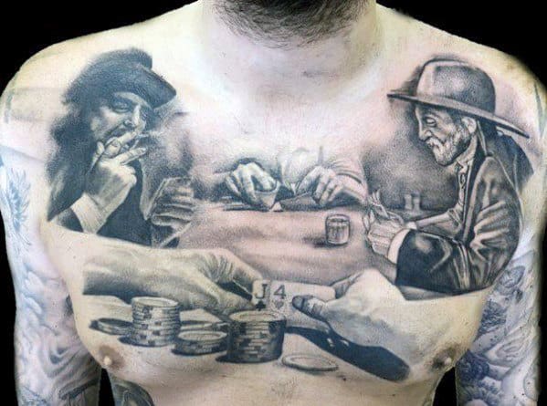 Chest tattoo featuring a poker game with three players and a pair of jacks showing