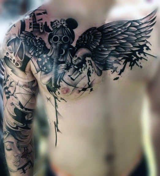 Tattooed torso and arm featuring a winged gas mask design and various other elements