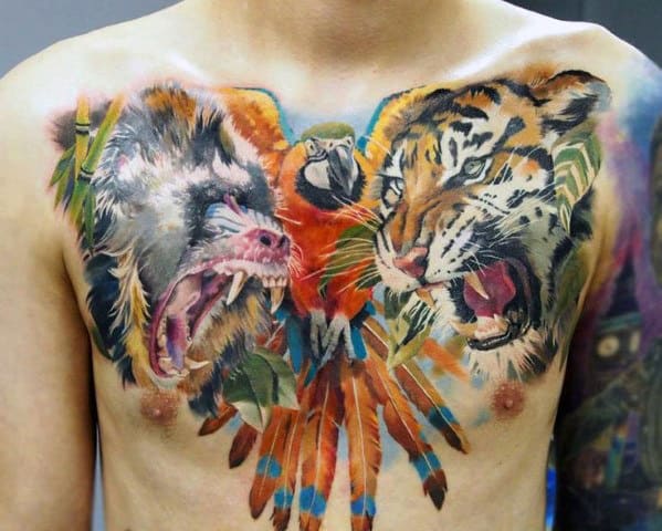Chest tattoo of a roaring monkey, a colorful parrot, and a snarling tiger