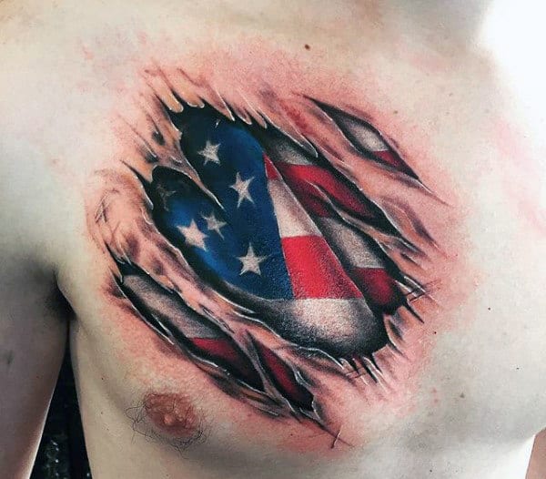 Chest Torn Skin Mens American Flag Tattoos