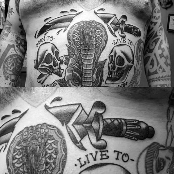 Chest Traditional Dagger Through Skin Mens Old School Black Ink Tattoo Designs