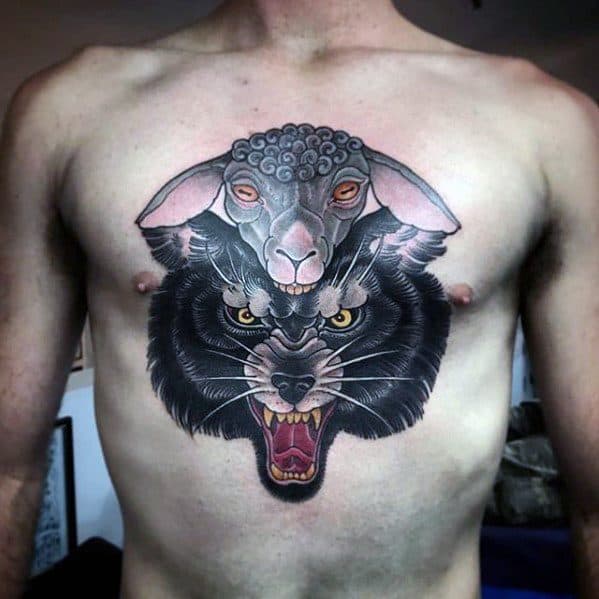 Chest tattoo of a snarling wolf with a sheep's head above it