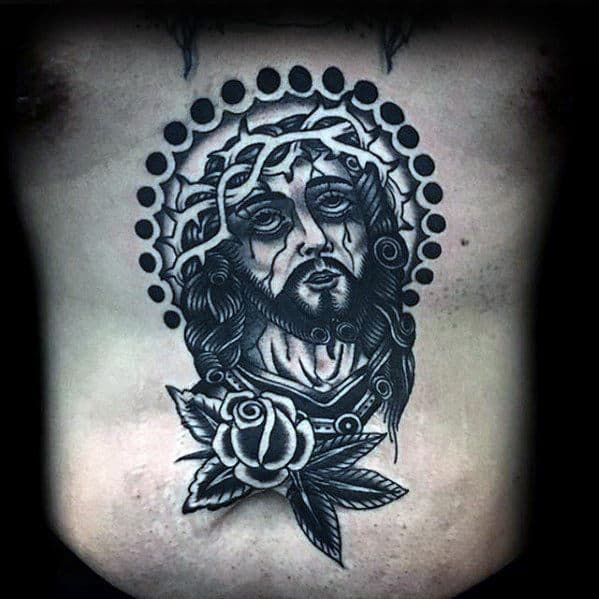 Chest Traditional Jesus With Black Rose Flower Mens Chest Tattoos