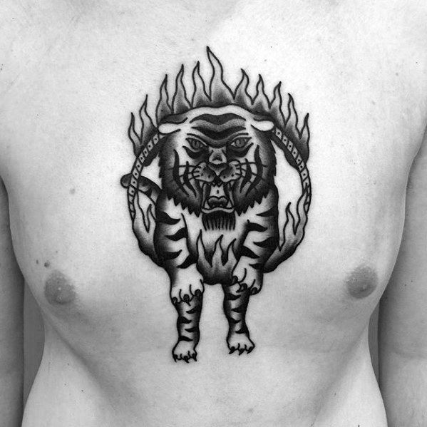 Chest Traditional Tiger Jumping Through Flaming Ring Circus Male Tattoo Designs