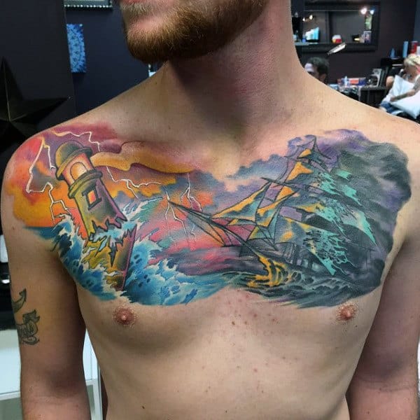 Chest Water Tattoos Designs For Males With Sailing Ship And Lighthouse