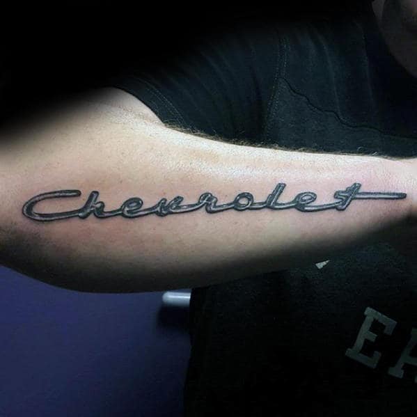 Chevrolet Script Logo Mens Outer Forearm Tattoo With 3d Design
