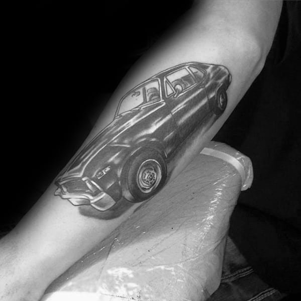 Chevy Sports Car Shaded Black And Grey Inner Forearm Tattoos For Men