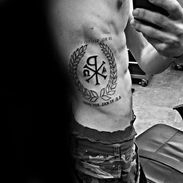 Chi Rho Black Ink Outline Olive Branch Rib Cage Side Tattoos For Men