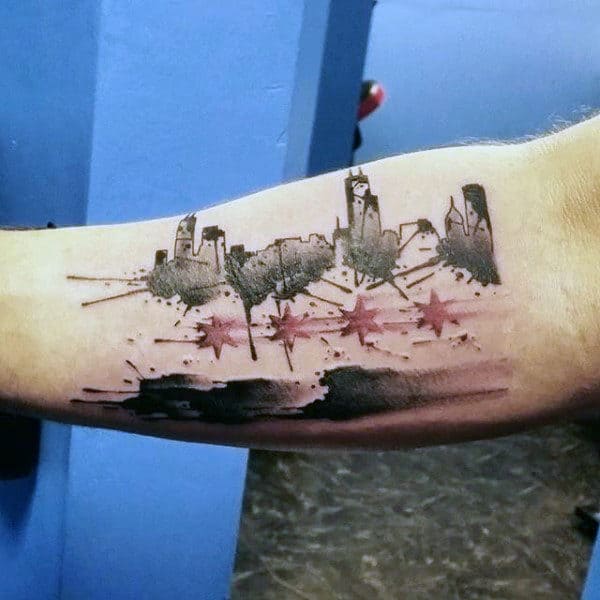 Chicago Flag With Watercolor Black Ink City Skyline Tattoo On Mans Forearm