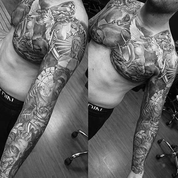 Chicano Chest And Sleeve Mens Shaded Different Tattoo Design Ideas