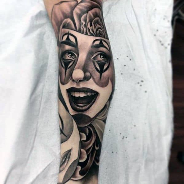 Chicano Leg Sleeve Distinctive Male Drama Mask Tattoo Designs