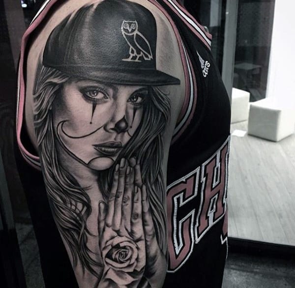 Chicano Male Half Sleeve Tattoo Of Woman With Prying Hands