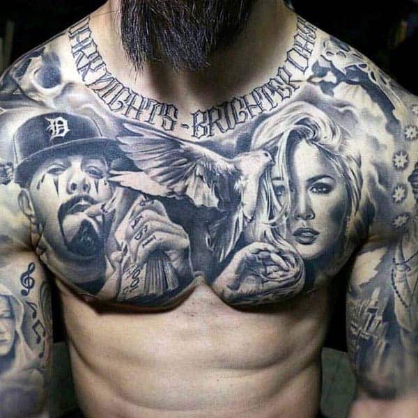 Chicano Nice Mens Chest And Half Sleeve Tattoos
