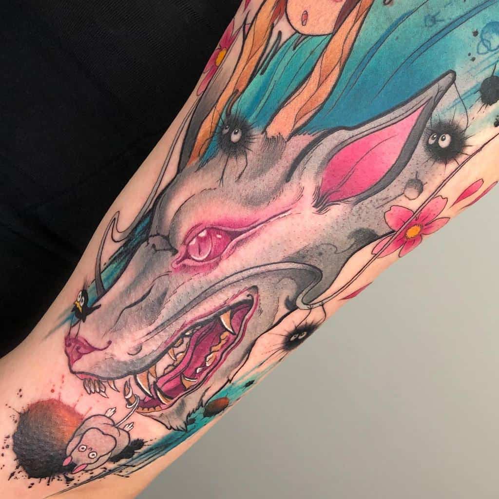 Vibrant tattoo of Haku in dragon form from Spirited Away, with bold colors, expressive details, soot sprites, and floral accents