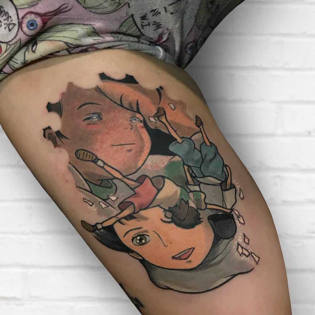 Vibrant Spirited Away tattoo blending scenes of Chihiro and Haku with a shattered effect, and there scene while falling