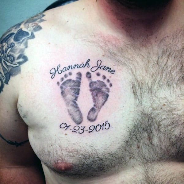 Child Footprint Mens Upper Chest Tattoo Ideas