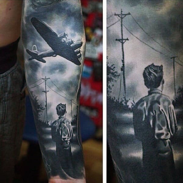 Child Looking At Figter Plane Mens Ww2 Forearm Sleeve Realistic Tattoos
