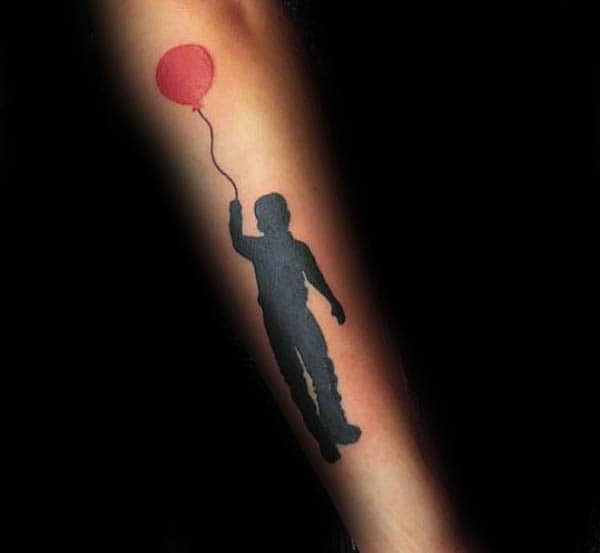Child With Red Ballon Silhouette Mens Forearm Tattoo