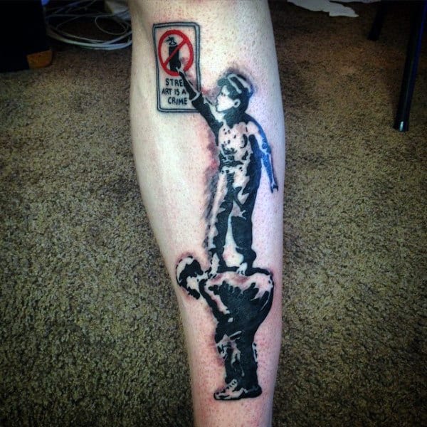 Children Taking Spray Paint Can From Sign Mens Banksy Forearm Tattoos