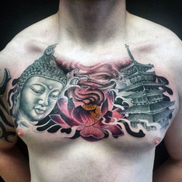 Chinese Buddha Tattoo On Chest For Men