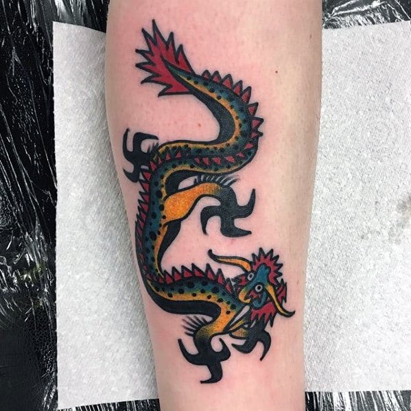 Chinese Dragon Old School Small Mens Leg Tattoos
