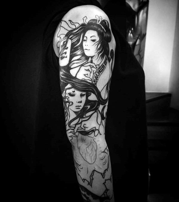 Chinese Female Portrait Sleeev Tattoo On Male