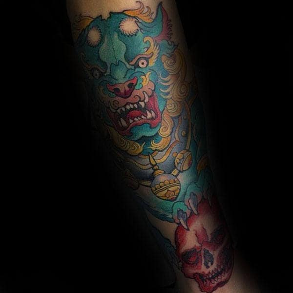 Chinese Male Foo Dog Tattoo With Red Skull Design