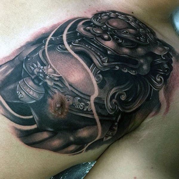 Chinese Male Foo Dog Upper Chest Tattoos