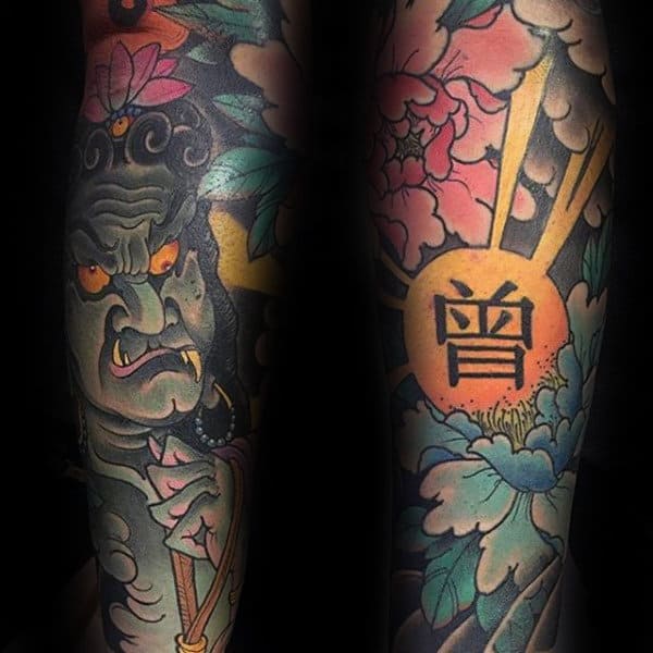 Chinese Peony Flower Mens Sleeve Forearm Tattoo