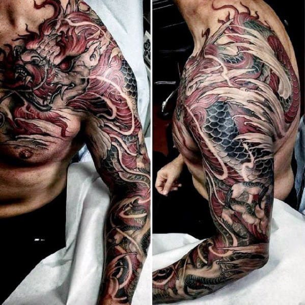 Chinese Red Dragon Shoulder And Sleeve Tattoo For Men
