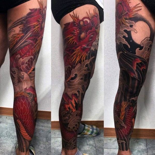 Chinese Red Dragon With Negative Space Moon Guys Full Leg Sleeve Tattoo