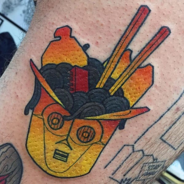 Playful C-3PO tattoo reimagined as a takeout box filled with noodles, chopsticks, and bold colors, blending Star Wars with food-themed art.