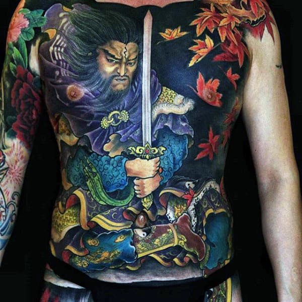 Chinese Warrior With Sword Mens Full Chest Tattoo Designs
