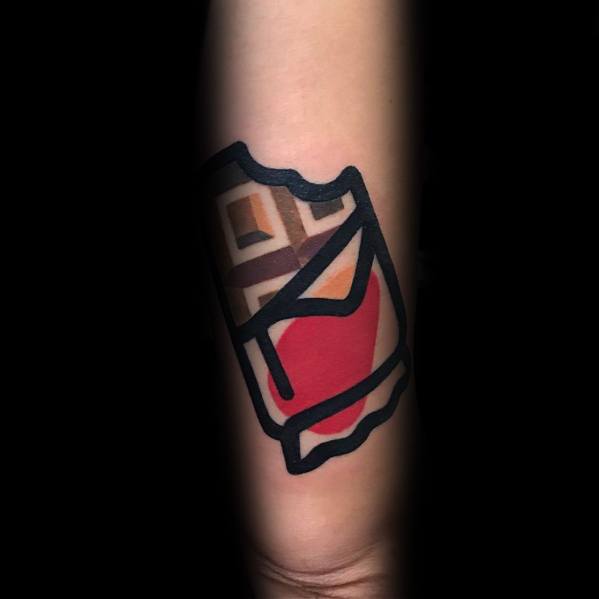 Bold and minimalist tattoo of a bitten chocolate bar in a wrapper, outlined in thick black ink with a modern, graphic-style design.