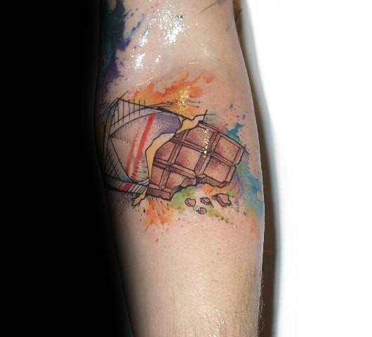 Watercolor tattoo of a partially unwrapped chocolate bar with splashes of vibrant colors, giving a dynamic and artistic effect.