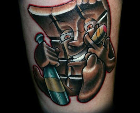 Tattoo of an animated chocolate bar with a mischievous grin, holding a cigar and a bottle, outlined in bold red for a striking effect.