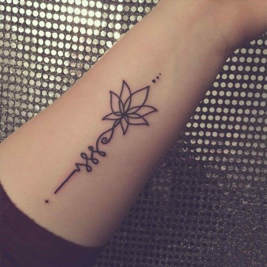 Unalome and lotus tattoo on the forearm, symbolizing the path to enlightenment, spiritual growth, and overcoming life's challenges.