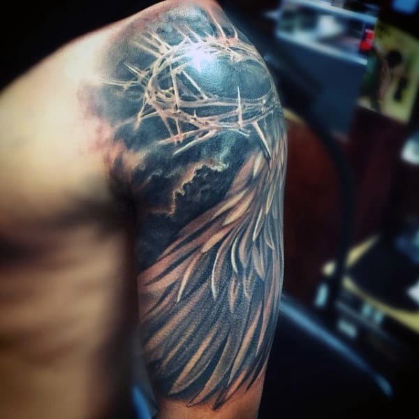 Christian Half Sleeve Tattoo Designs For Males Crown And Wings