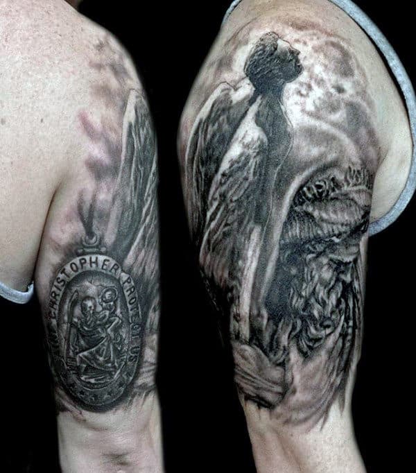 Christian Male Saint Christopher Half Sleeve Tattoos