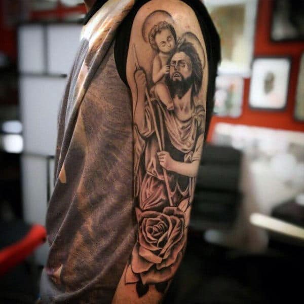 Christian Saint Christopher With Rose Flower Mens Half Sleeve Tattoos
