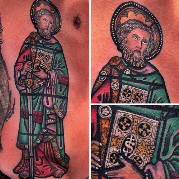 Christian Saint Mens Ribs Stained Glass Tattoo